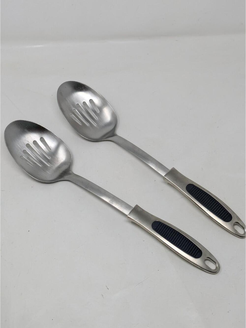 2x INOX Edelstahl Rostfrei Stainless Steel Slot Spoon 18/8 Soft Grip Hang 13.5”